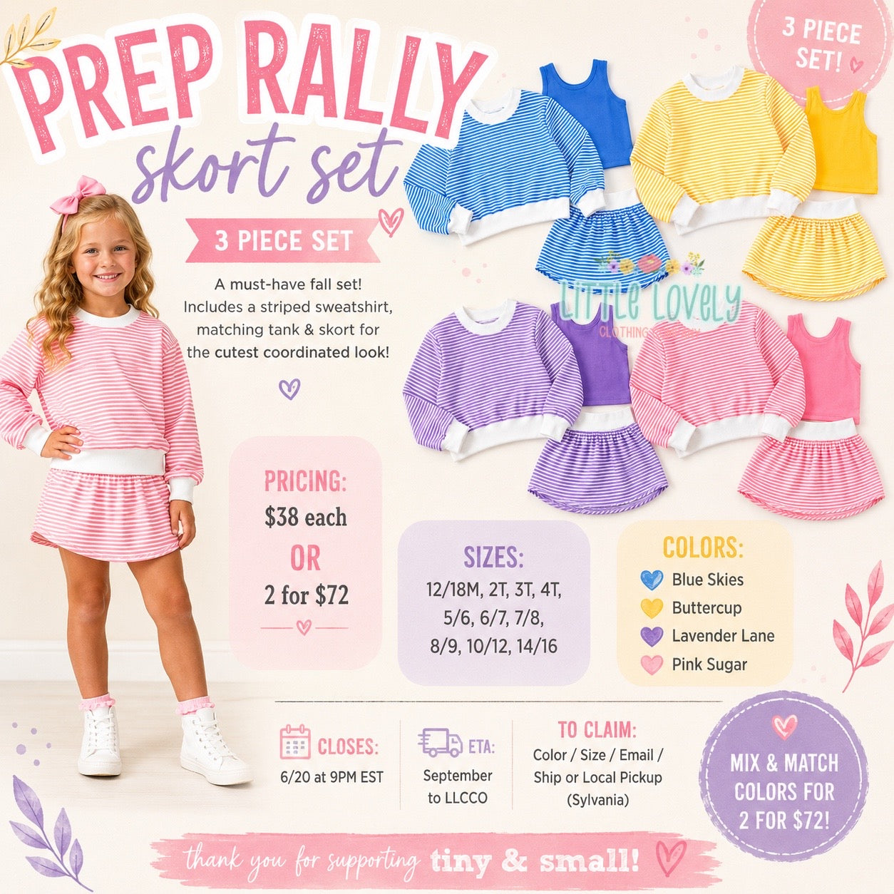 Prep Rally 3 Pc Skort Set, ETA: Sept to LLCCO