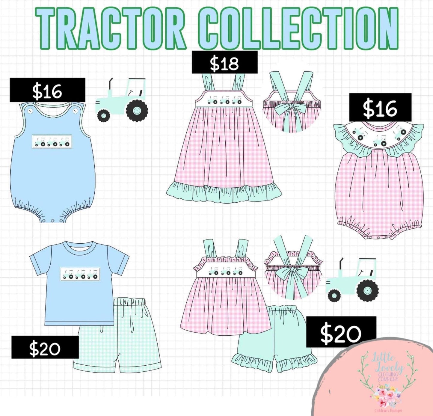 Pastel Tractor Embroidery Collection Pre-Sale, ETA July to LLCCO, then to Customers