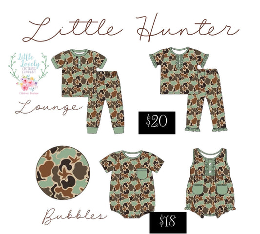 Little Hunter Camo Lounge & Bubbles ETA Sept to LLCCO Then to Customers