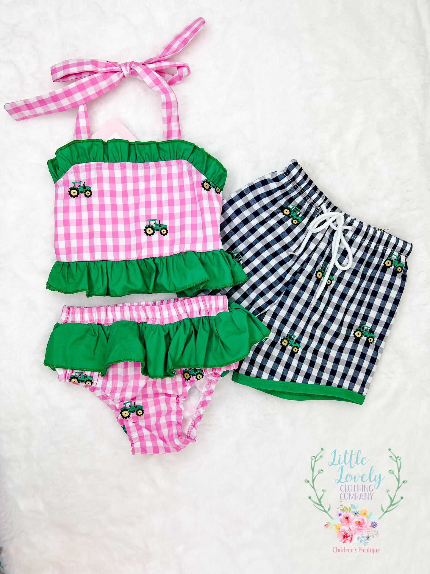 Gingham Tractor Boys Swim Trunks
