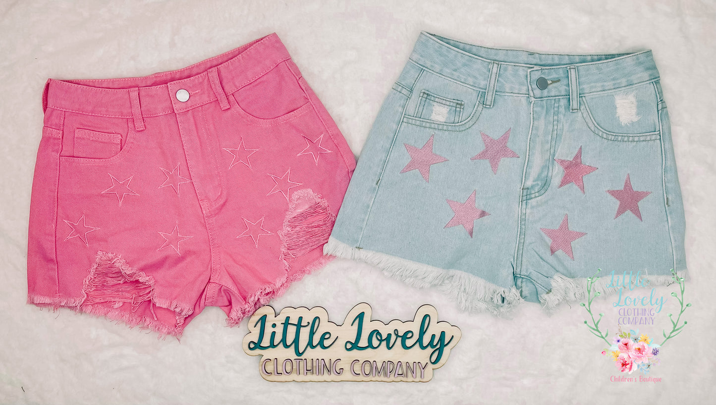 Misses Solid Pink Denim Star Shorts