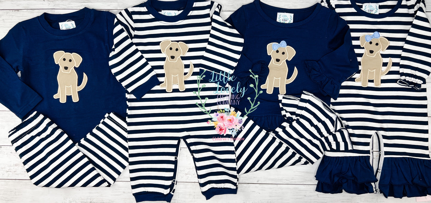 Navy Stripe Pup Romper Boy