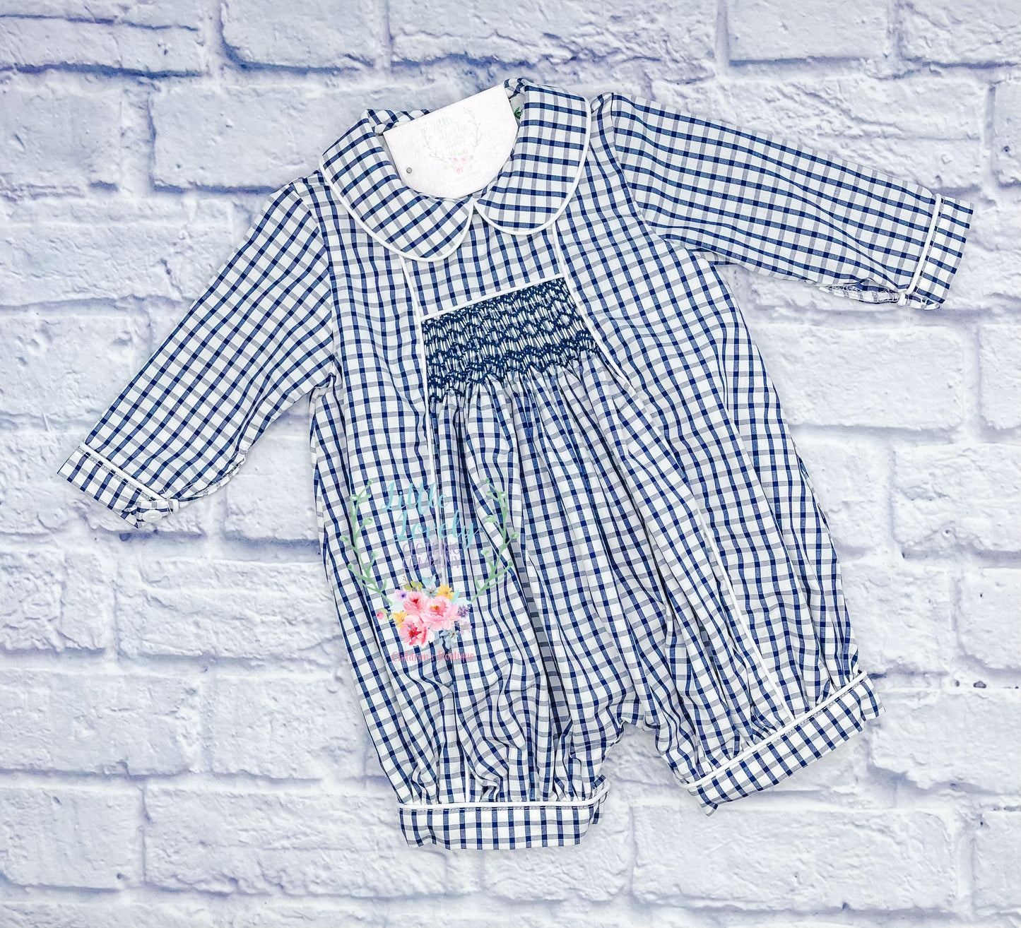 Navy Geo Smocked Boys Bubble