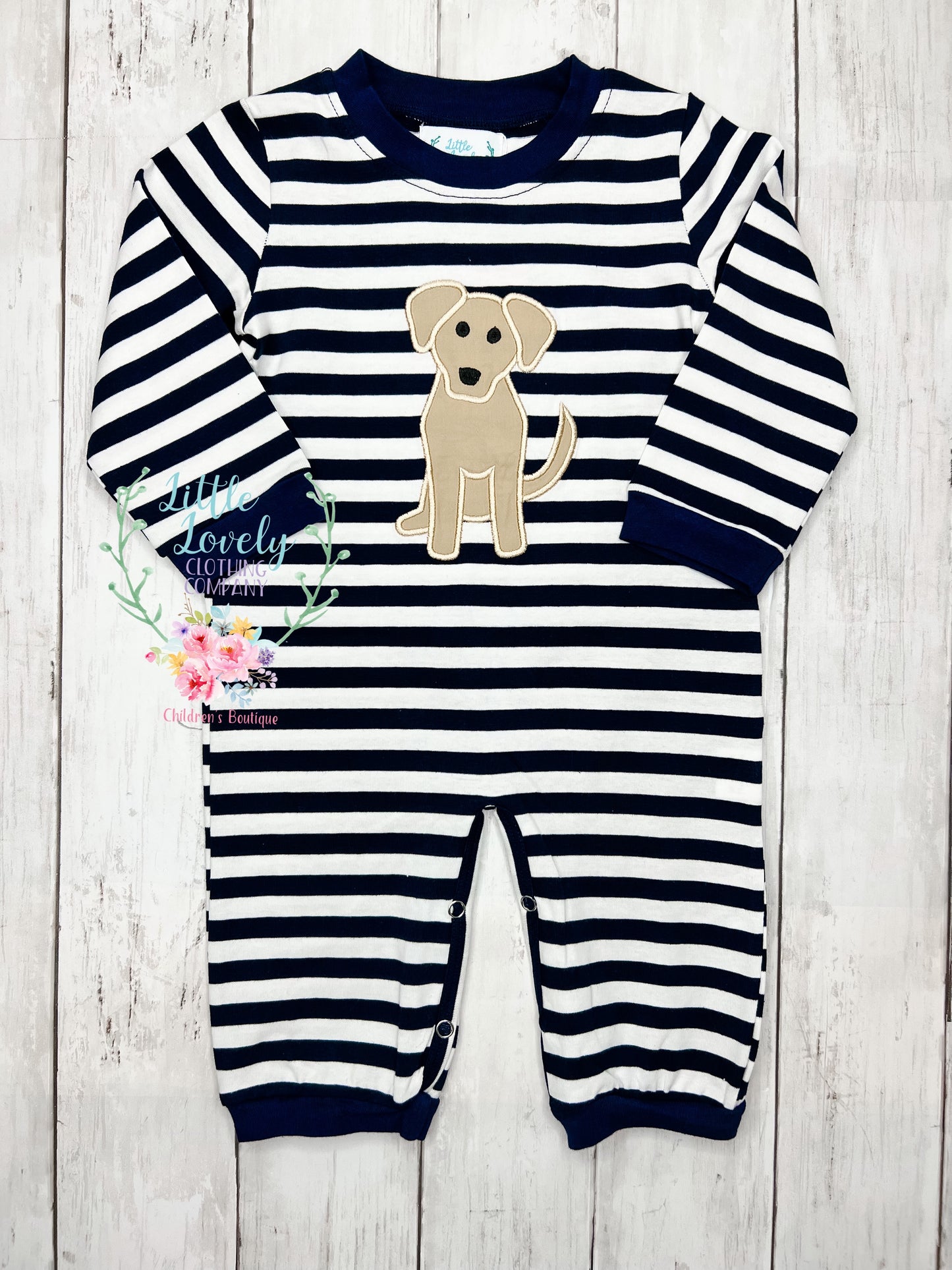 Navy Stripe Pup Romper Boy