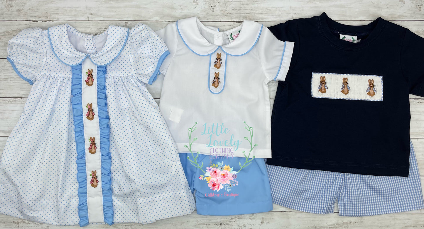 Navy Dapper Rabbit Boys Smocked Short Set