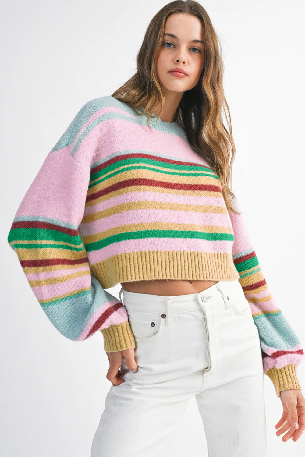 Multicolour Striped Knit Ribbed Trim Boxy Fit Cropped Sweater