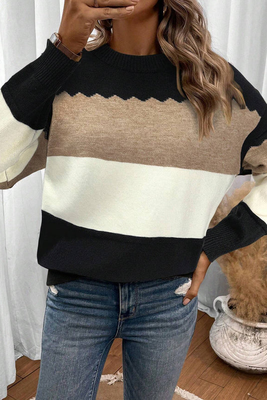 Black Colorblock Crew Neck Drop Shoulder Sweater
