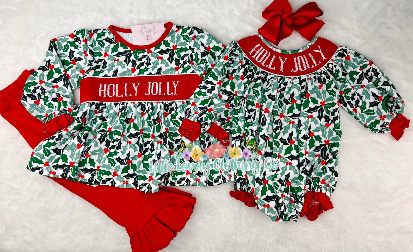 Holly Jolly Hand Smocked Bubble & Set