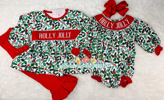 Holly Jolly Hand Smocked Bubble & Set