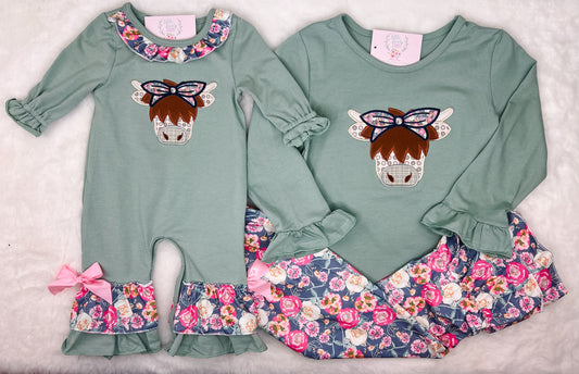 Floral Highland Cow Girls Romper