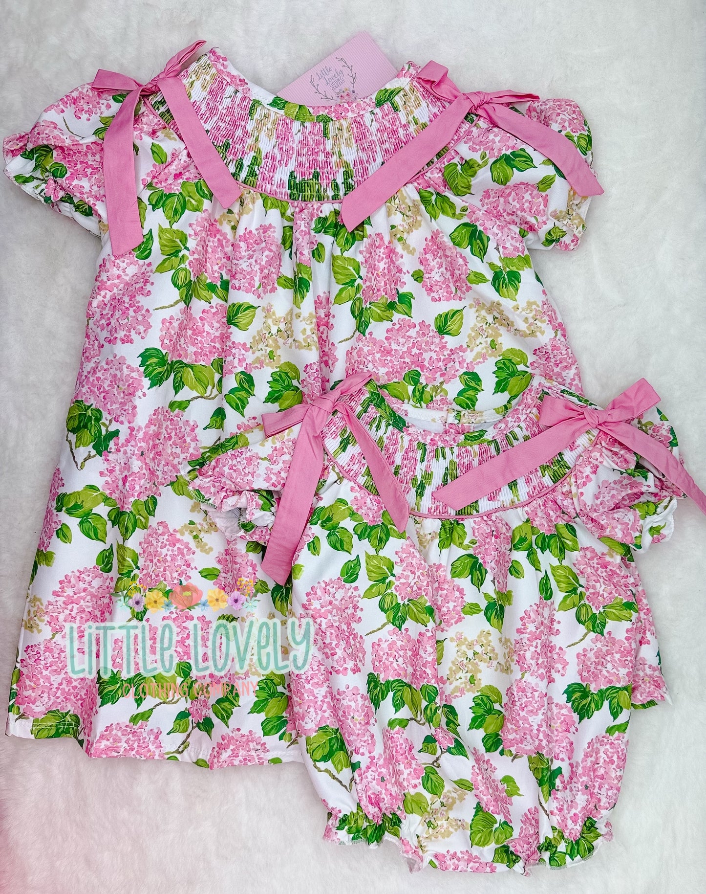 HARPER'S HYDRANGEAS SMOCKED DRESS & BUBBLE