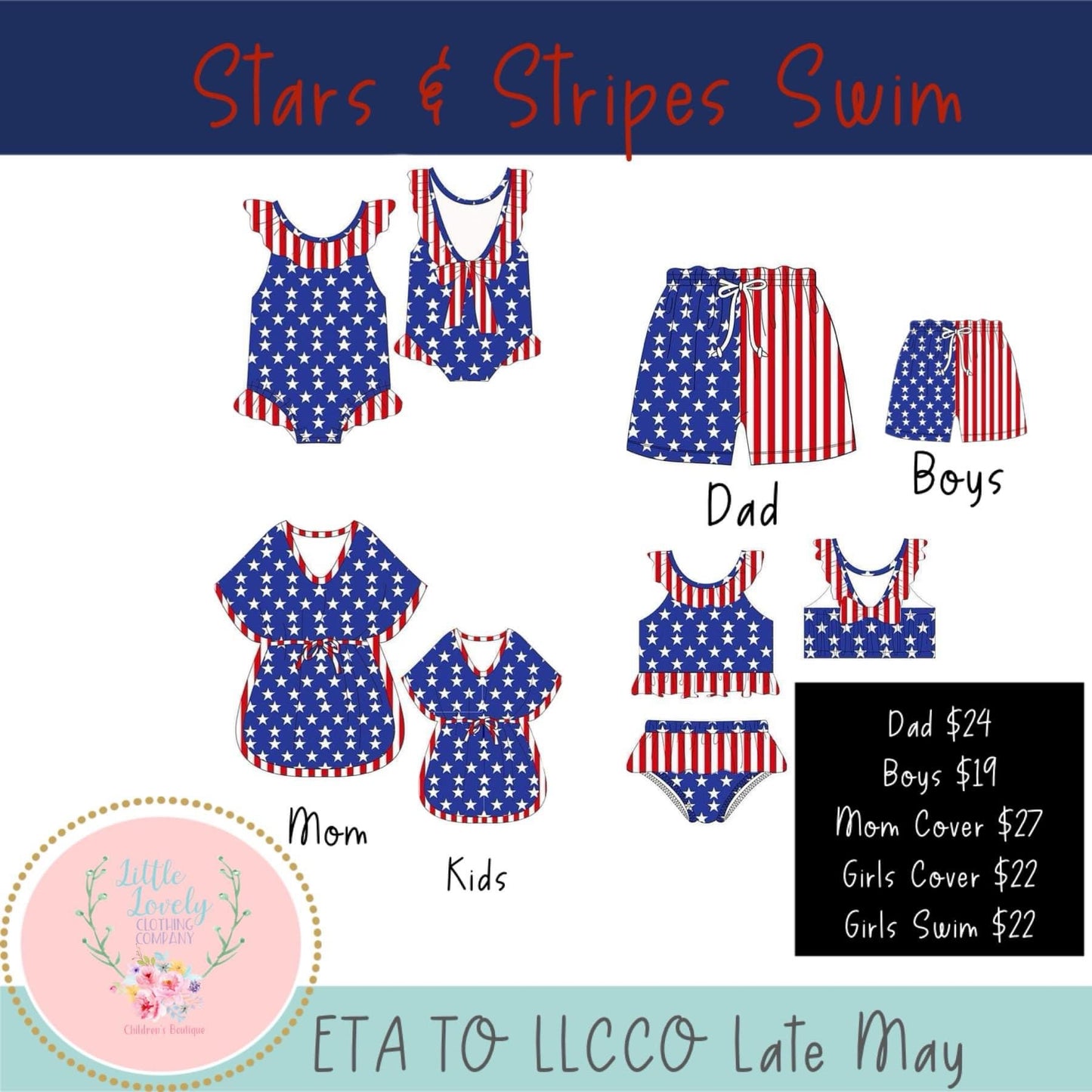 Stars & Stripes Swim Collection (ADULT STYLES), Presale ETA: Late May to LLCCO, then to customers